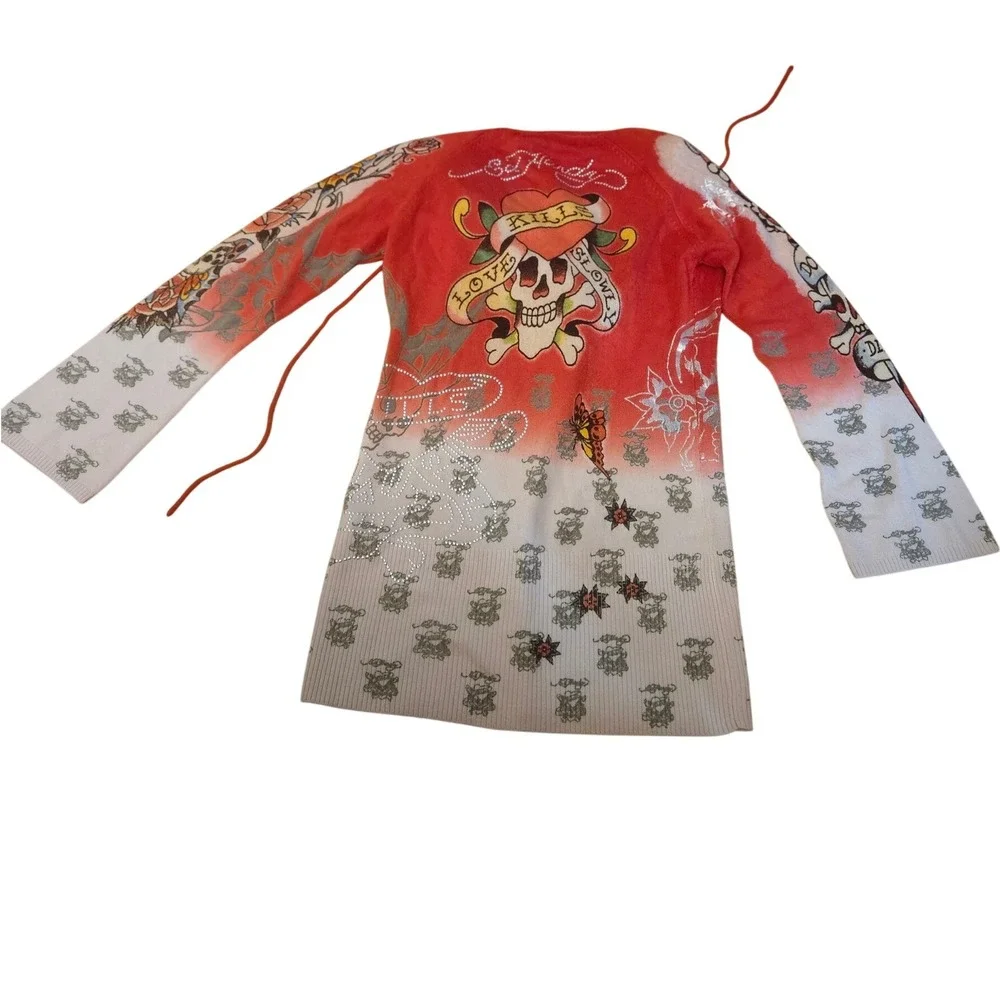 Ed Hardy Red Rhinestone Skull Butterfly Hoodie‎ Dress Size L - Picture 4 of 8